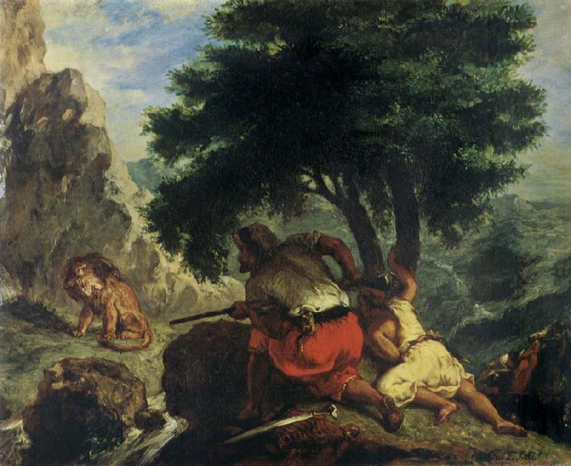 Eugene Delacroix Lion Hunt in Morocco Sweden oil painting art